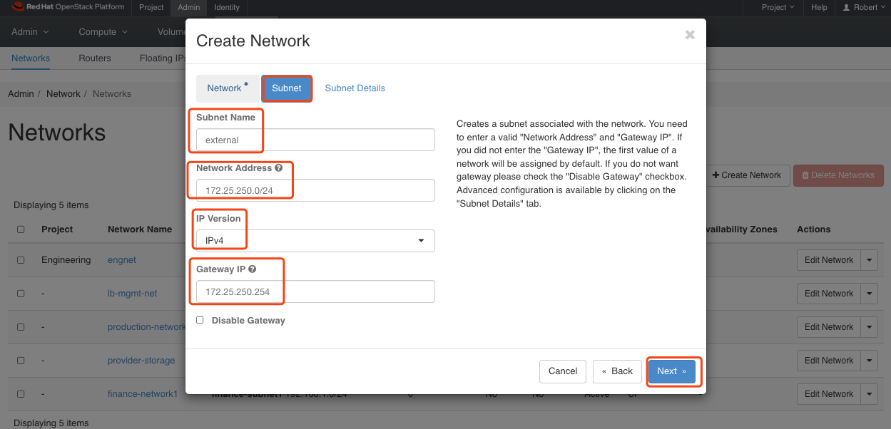 type in external subnetwork form